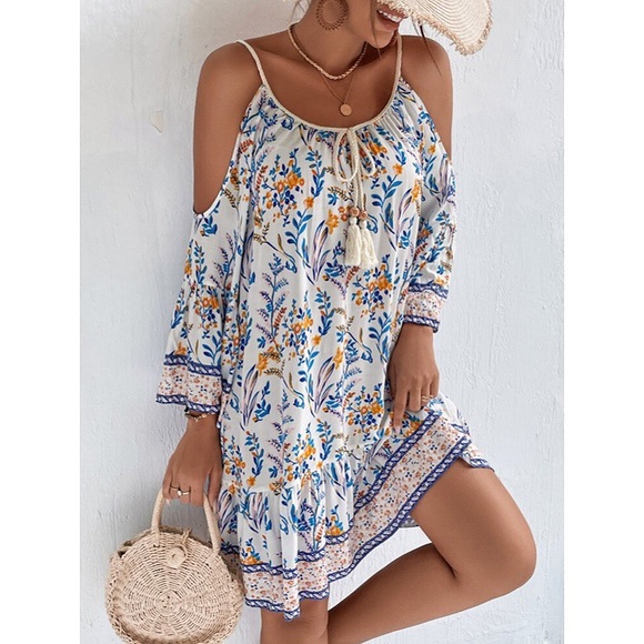 🍂 BOHO BLUE MULTI OPEN SHOULDER TASSEL LOOSE FIT DEESS! - Picture 6 of 9